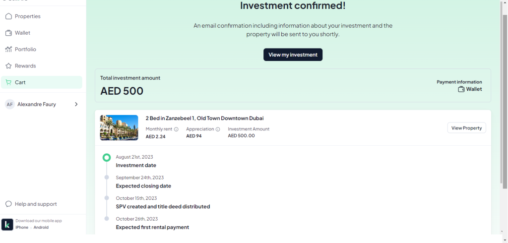 Stake - Écran de confirmation d'achat de propriété