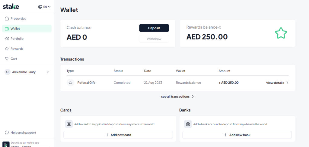 Stake - Écran Wallet avec affichage du bonus