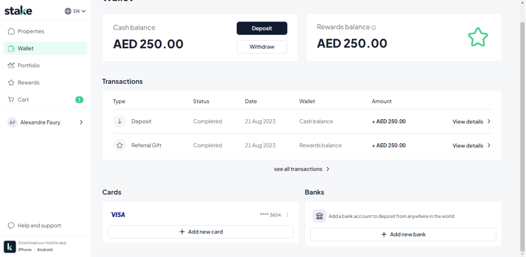 Stake - Écran Wallet avec affichage du dépôt de 250 AED