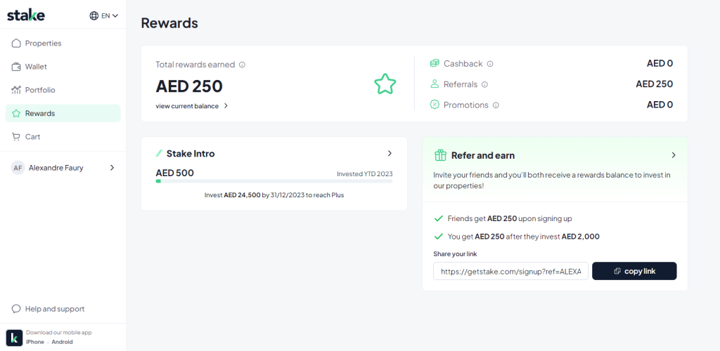 Stake - Écran Rewards avec lien de parrainage