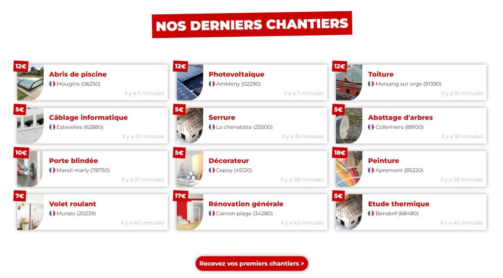Exemple de chantiers à acheter sur le site Chantiers moins chers