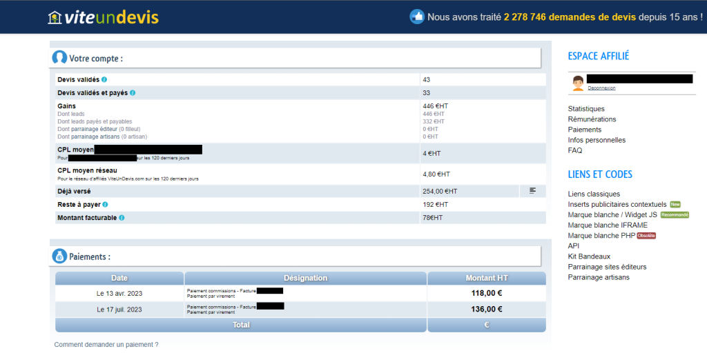 Page de paiements de Vite un devis