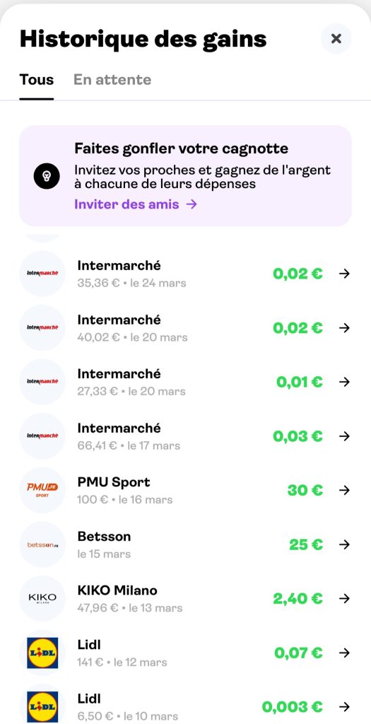 cashbacks reçus sur Joko